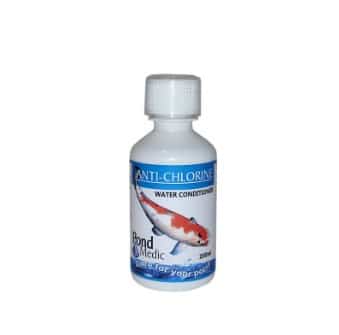 Bottle of Anti-Chlor pond treatment for fish ponds and aquariums.